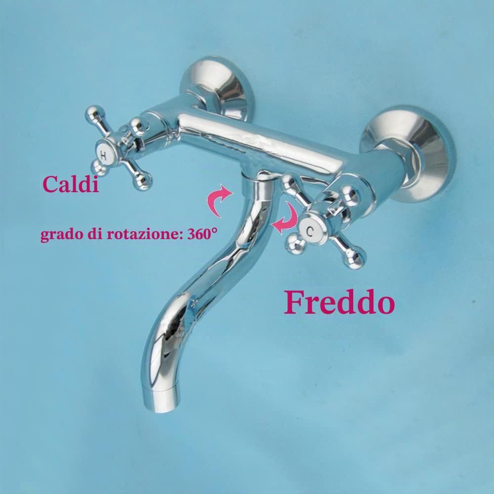 Rubinetto da parete a due manici, a parete, da cucina, 16 x 17 x 6 cm, con beccuccio orientabile per lavabo, installazione del bagno, argento