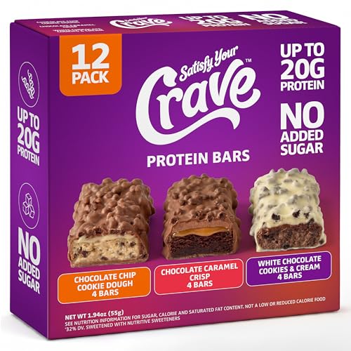 Image of Satisfy Your Crave Protein Bars- High Protein Delicious Snacks- 19-20g of Protein, No Added Sugar- Variety Pack- Cookie Dough, Choc Caramel, Cookies & Cream- On-the-Go Snack, Pantry Staple & for Office, 12 Pack