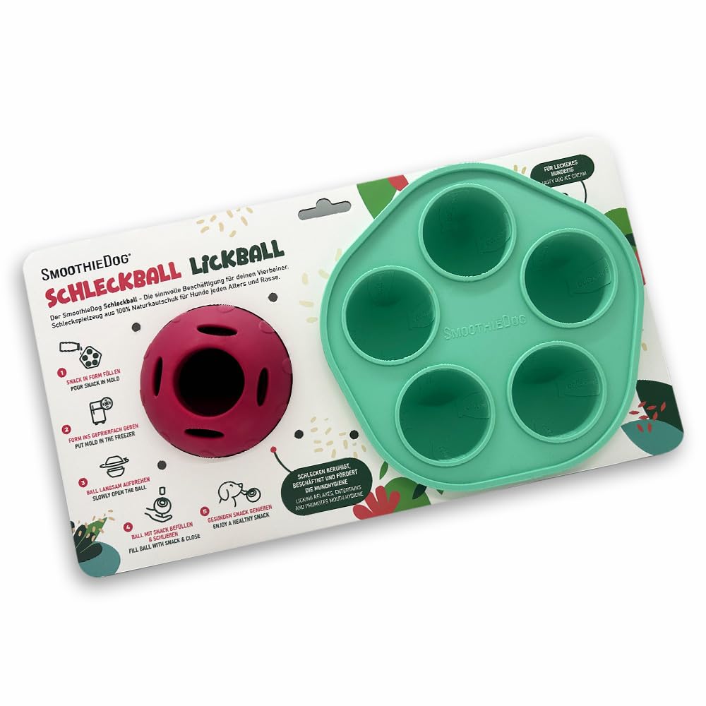 SmoothieDog Schleckball + SmoothieDog Hundesmoothie 6er Mix (250ml) - Schleckball für Hunde, Snackball, zur Beschäftigung, bpa frei, robust, befüllbar, zum einfrieren, spülmaschinenfest