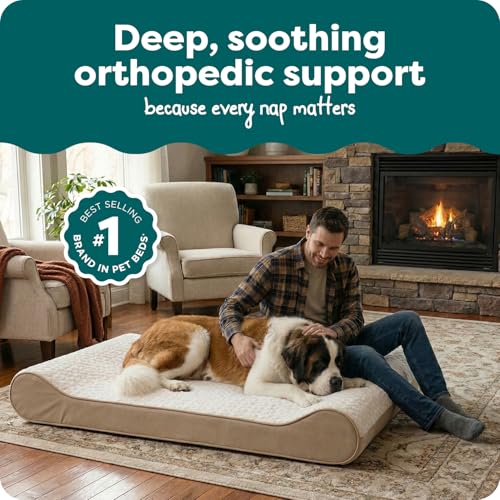 Image of Furhaven Orthopedic Dog Bed for Extra Large Dogs w / Removable Washable Cover, For Dogs Up to 180 lbs - Ultra Plush Faux Fur & Suede Luxe Lounger Contour Mattress - Cream, Giant /XXXL