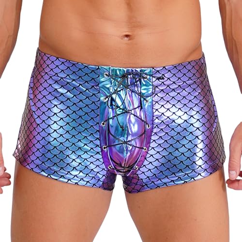 Jhaoyu Men Shiny Metallic Boxer Shorts Low Rise Fish Scale Print Rave Bottoms Lace-up Briefs Underwear