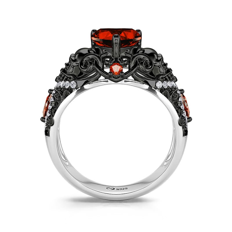 Jeulia Halloween Skull Schwarz Ring Rot Herzschliff Schädel Silberring Gothic Rundschliff Totenkopfring mit Marquise Stein Fingerring Modern Skelett Ringe für Damen Herren Geschenk