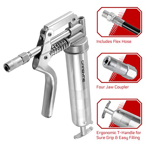 Carbyne Mini Pistol Grease Gun, Heavy Duty Professional Quality, 3000 PSI. 12 inch Flex Hose and 4 inch Rigid Extension.