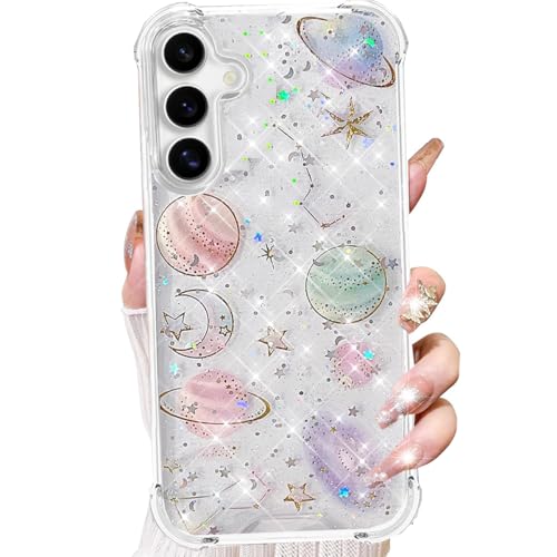 Changjia for Samsung Galaxy S25 Clear Glitter Case, Cute Girly Bling Sparkle Planet Space Stars Moon Universe Pattern Soft TPU Silicone Shockproof Women Girls Protective Case for Galaxy S25 6.2