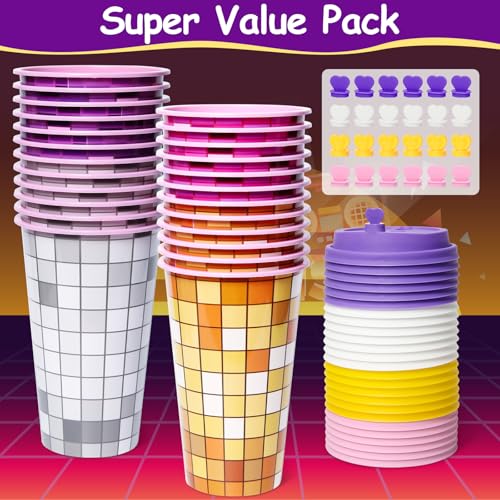 FZR Legend Disco Party Favors Goodie Cups, 24 Pack Decorations in 4 Colors, 16OZ Reusable 70s 80s Bachelorette Supplies With Lids and Plugs
