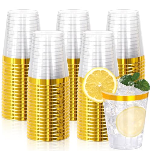 Image of 100 Pcs Gold Plastic Cups,10Oz Gold Rimmed Plastic Cups,Heavy Duty Gold Rim Clear Disposable Plasitc Cocktail Tumblers Wine Cup for Party,Wedding,Birthday,Holiday