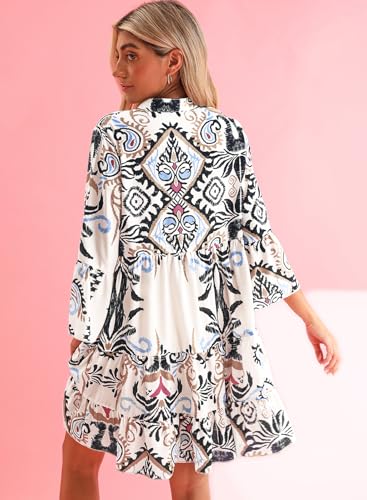 Image of miduo Womens Summer Dress Casual V Neck Buttoned 3 /4 Sleeve Bohemian Tribal Print Flowy Mini Dresses