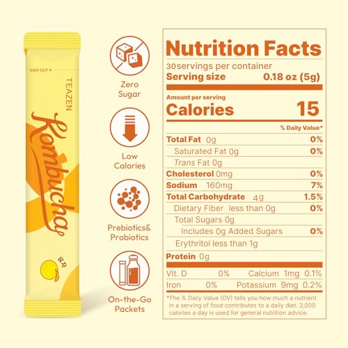 Image of TEAZEN Citron Kombucha Tea, Hydration Drink Mix, Sugar Free, Live Probiotics & Prebiotics, 30 Sticks, 5.29oz