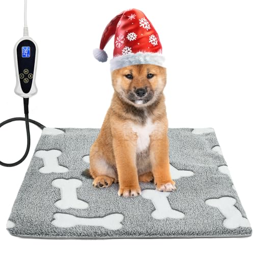 Bestio Pet Heating Pad, 18 x 18 in Heated Cat Bed, Adjustable Thermostat + Normally ON Function Cat Heating Pad with Metal Protective Tubing and a Plush Cotton Cover - Gray