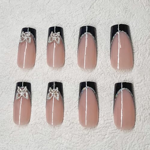 Rofibut Black French Tip Press On Nails Long Coffin Fake Nails With Butterfly Charms Square Black False Nails 3D Silver Butterflies Rhinestones Glitter Nail Tip Design Acrylic Glue On Nails For Women Girls thumb #3