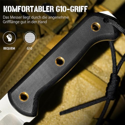 NedFoss SEAL Outdoor Messer, 11cm Full Tang Survival-Messer mit G10 Griff, Scharfe Bushcraft Messer mit Kydex Scheide, Jagdmesser 42a konform mit Feuerstahl
