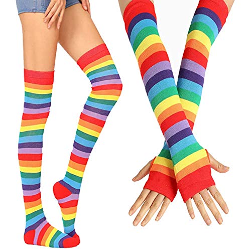 Womens Rainbow Socks Striped Knitted Over The Knee High Socks Arm Warmer Fingerless Gloves Set (Red)