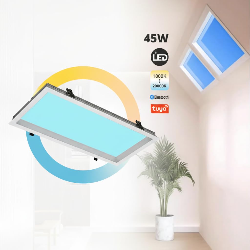 Barcelona - Pannello LED effetto cielo SKYWIN SR SMART 45 W 3375 lm 60 x 30 cm | CCT 1800 K-20000 K | Luce circolare intelligente | Controllo Tuya Bluetooth + Telecomando | Pannello Skylight Ultraslim