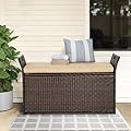 Crownland Outdoor 80 Gallon Storage Bench with Cushion, Outdoor Wicker Storage Box Patio Deck Box with Seat for Garden, Balcony, Poolside (Brown)