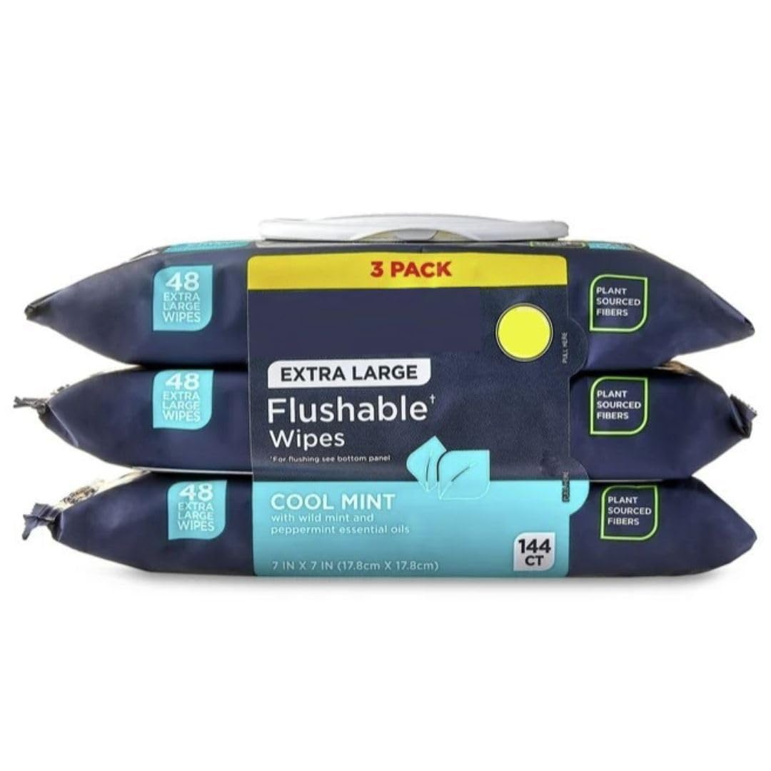 Flushable Wipes - 3 Pack, 144 Wipes - Cool Mint Extra-Large Adult Wet Wipes - Mentha Arvensis Leaf, Mentha Piperita, Oils - Septic and Sewer Safe