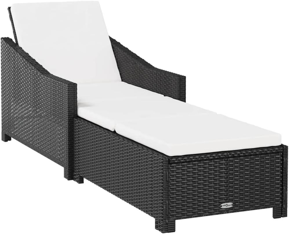 Sun Lounger with Cream White Cushion,Outdoor Lounge Chairs,Garden Sunlounger,Outdoor Daybed,Sunbathing Recliner,Sun Lounge Bed,Features Adjustable Backrest,for Beach,Patio,Backyard, Poly Rattan Black