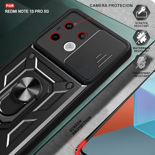 Image of AESTMO Tough Armor Redmi Note 13 Pro 5G Bumper Back Case Cover | Ring Holder & Sliding Camera Shield Cover | 360 Degree Protection Back Case Cover for Redmi Note 13 Pro 5G (Black)