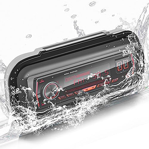 Waterproof Marine Stereo Receiver Cover - Boat Radio Protector Shield - Universal in Dash Single DIN DVD CD Radio Splash Guard Housing Case with Flip-up Door Spring Loaded Mounting Gasket