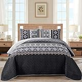 WONGS BEDDING Boho Quilt Set Queen,Black Grey Bedspread Coverlet Set with 2 Pillowcase,Lightweight Geometry Printed Bohemian Bedding Set 96'×90'