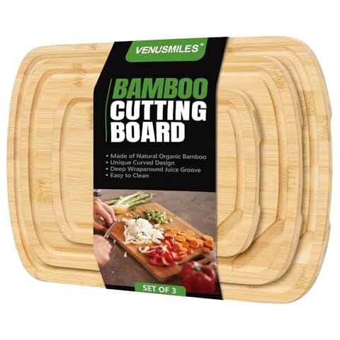 Venusmiles Bamboo Cutting Boards for Kitchen, Organic Bamboo Wood Cutting Boards with Deep Juice Grooves & Back Inner Handle, Ideal Chopping for Meat, Vegetables and Fruits, Natural, Set of 3 Cover