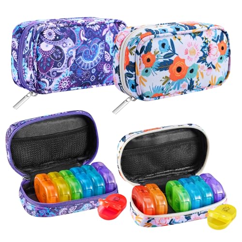 Image of Serfeymi Weekly Travel Pill Organizer 2 Times A Day AM PM Rainbow Pill Box 7 Day with Zipper Canvas Pill Case, Medicine Organizer for Pills, Vitamins, Fish Oils - Purple 01+ Bloom 01