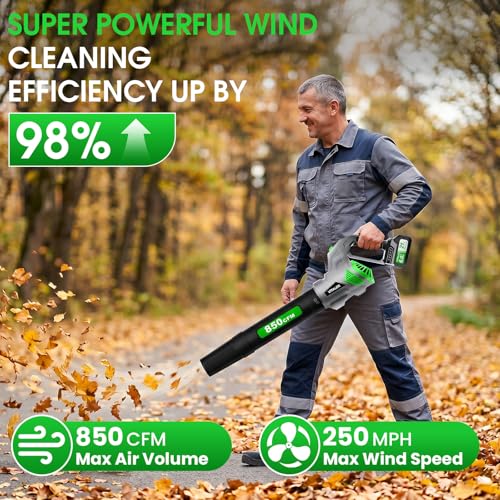 Leaf Blower Cordless with Up to 850 CFM & 250 MPH, Brushless Electric Leaf Blowers with 2 x 6.0Ah Batteries and Fast Charger, 3-Speed Powerful Handheld Blower for Lawn Care, Patio, Yard Cleanup - Image 3