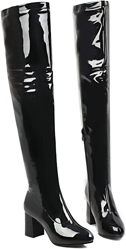 LUXMAX Womens Stretchy Over Knee Patent Leather Thigh High Stacked Chunky Heel Boots