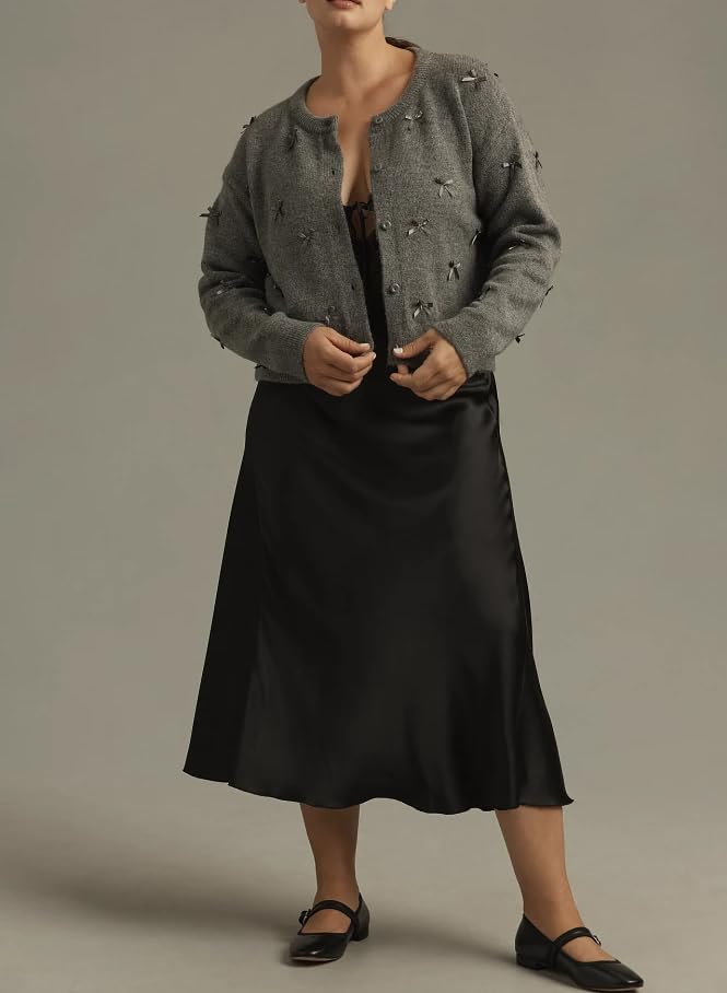 Image of Women's Mini Bow Cardigan Long Sleeve Crewneck Button Down Cropped Knit Sweaters Grey