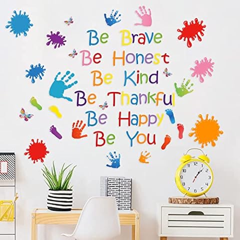Paint Splatter Decorations Handprint Wall Stickers with Inspirational Quotes Be Brave Honest Kind Thankful Happy Wall Decals for Kids Room Infant Daycare Classroom Wall Decor Cover
