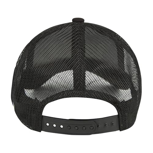 Image of Marvel Box Logo Men's Trucker Cap | Black | 6-Panel Structured Fit with Curved Visor | Breathable Mesh Back | Iconic Marvel Logo | Sun-Protective Style for Everyday Wear