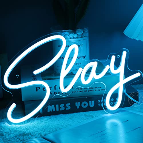 Image of SYLHOME Slay Blue LED Neon Light Sign Cool Boys Girls Preppy Bedroom Game Play Room Desk Wall Decor Sign Club Pub Bar Man Cave Game Center Birthday Decoration USB Night Light 11.8 inch X 8 inch
