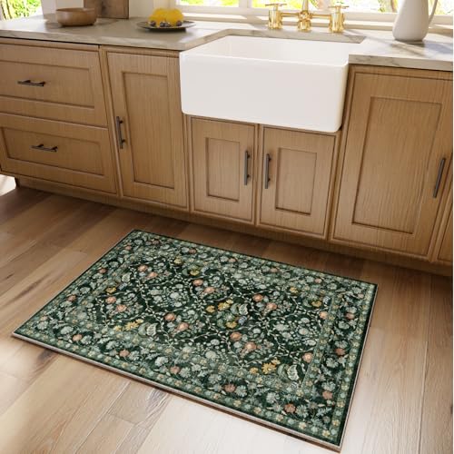 Image of Vintage Botanical Dark Green Entryway Rug, 2x3 Kitchen Rugs Non Slip Washable Boho Green Forest Design, Soft Door Mat Indoor Entrance, Ultra-Thin Easy Clean Small Throw Carpet for Bedroom Bathroom