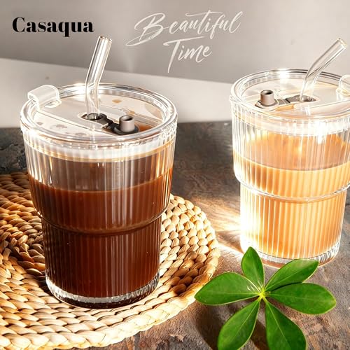 Image of Ribbed Glass Cups with Lids and Straw - 450ml, Set of 1, Iced Coffee Cups, Thickened Glassware Set, Ripple Design Glass Cups for Coffee, Soda, Smoothies, Cocktails and Juice