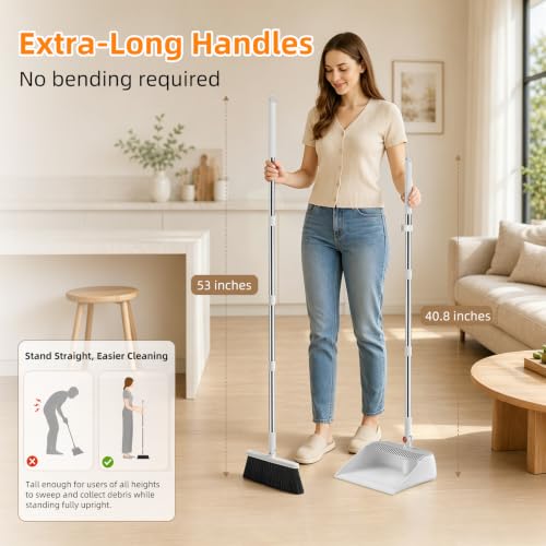 Image of Broom with Dustpan Combo Set, 53 inch Long Handle, Includes 2 Broom Heads | Collapsible Broom and Dustpan Set, 180 Swivel Broom Head, 360 Lockable Dustpan, Built-in Hair Comb