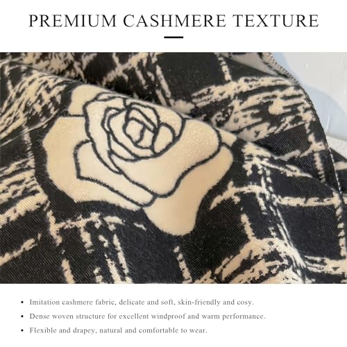 Winter Scarf Women Pashmina Shawls And Wraps Romantic Checked Camellia Pattern Reversible Cashmere Scarf With Tassel2