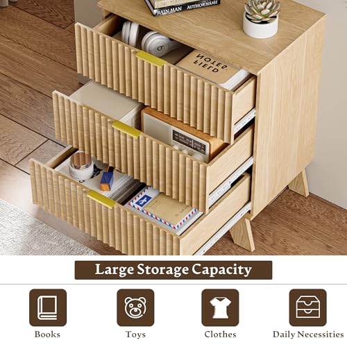 Image of HUANLEGO Fluted Nightstand with 3 Drawer for Bedroom, Oak | Mid Century Modern Beside Table with Metal Handle, Wooden End Table with 3 Drawers for Living Room, Closet, Entryway