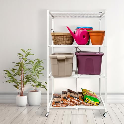 Image of Origami R5 4-Shelf Heavy-Duty Folding Storage Rack, White - Large Foldable Metal Shelving Unit with Wheels for Garage, Pantry, Basement, Laundry Room or Warehouse