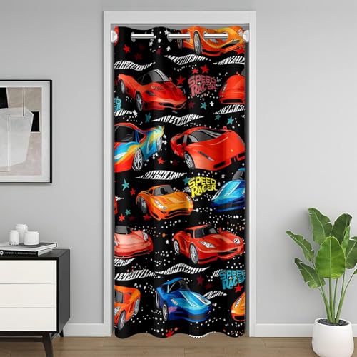 Cartoon Voitures de Course Rideau de Porte 86x203,Garçon Cool Car Rideau Occultant Enfants Garçons Hommes,Noir Bleu Sportscar Thème Rideaux D'Extérieur,Speed...