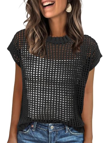 Image of ANRABESS Short Sleeve Sweater for Women Summer Crochet Knit Tops
