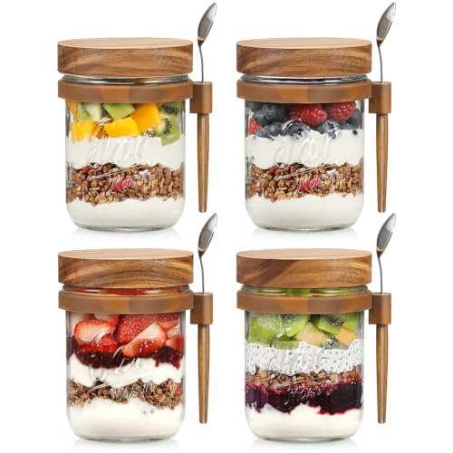 Image of LANDNEOO 4 Pack Overnight Oats Containers with Wooden Lids and Spoons, 16oz Glass Mason Overnight Oats Jars with Lids, Large Capacity Airtight Jars for Milk, Cereal, Fruit