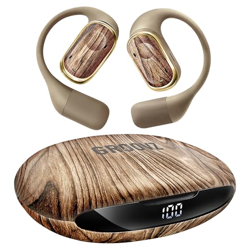 Groovz Open-Ear Plus True Wireless Headphones with Battery Display - Designed & Engineered in the USA - Multi-Point Pairing Bluetooth Open Ear Earbuds Compatible with Apple & Android - Wood Grain
