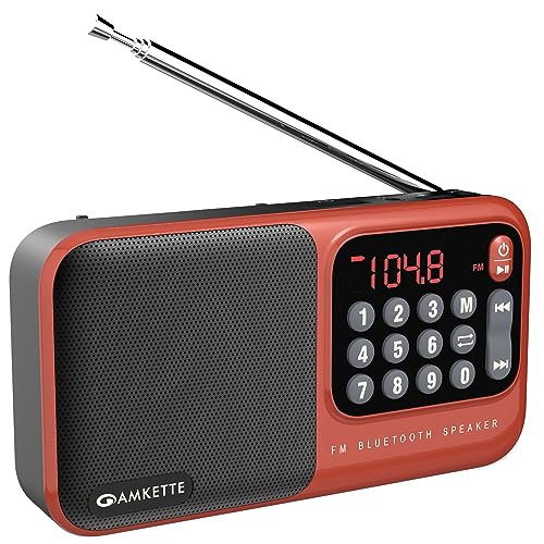 Amkette Pocket Mate Digital FM Radio with Bluetooth Speaker - Type C Charging, Antenna, Multiple Playback 8 Hours Playtime, and Number Pad (Headphone Jack, SD Card, USB Input) (Red)