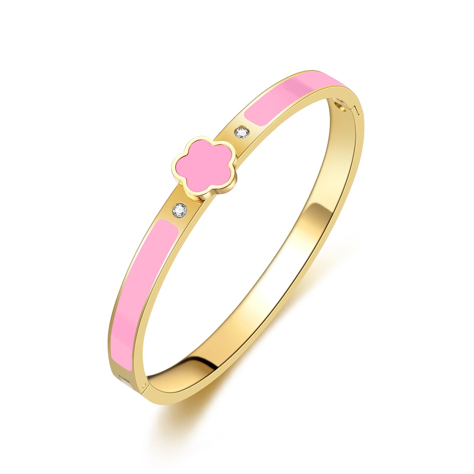 Chunky 18K Gold-Plated Clover Bangle Bracelet for Women.Black White Pink Red Five Leaf Clover Jewelry Simple Cute Friendship Bangle Bracelet for Women Trendy Holiday Gifts
