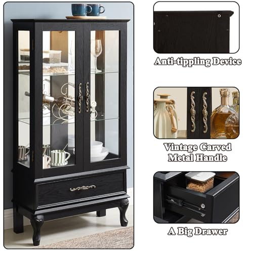 Image of 51 inch H Lighted Wooden Curio Cabinet, Glass Display Case with Tempered Glass Door, Adjustable Shelves, Storage Drawer and Mirrored Back Panel, Decorative Cabinet for Living Room,Office (Black)