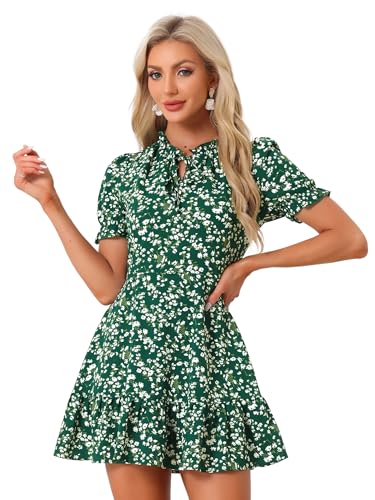 Image of Allegra K Womens Floral Chiffon Mini Dress Ruffle Hem Puff Short Sleeve | Ruffled Tie Neck, Summer Style, Sweet and Chic for Vacation Beach Wear