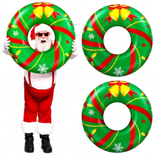 Karenhi 2 Pack Christmas in July Pool Floats Xmas Inflatable Pool Floats Christmas Wreath Blow up Swim Tube Rings Fun Swim Props Summer Xmas Decorations for Swimming Adult Beach Party Supplies(Wreath)