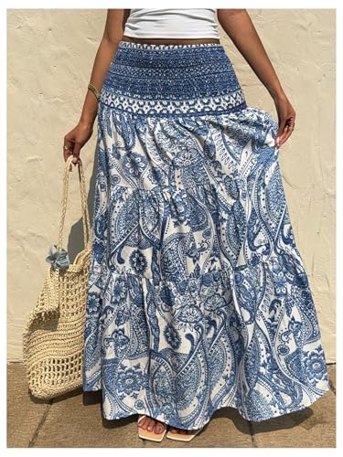 WDIRARA Women's Boho Paisley Maxi Skirt Layered Ruffle Smocked High Waisted Flowy A Line Skirts3