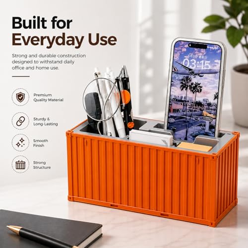 Image of FreshDcart Multi-Function Desk Organizer Shipping Container Storage Box for Pens, Business Cards, Mobile Phones, Remote Controls, Office Supplies and Study Table Brick Orange