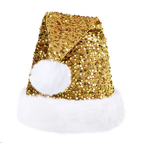 KONVINIT Gold Santa hat Christmas Hat for Adult Luxury Plush Xmas Hat with a Pompom for Men and Women,gold - Image 2