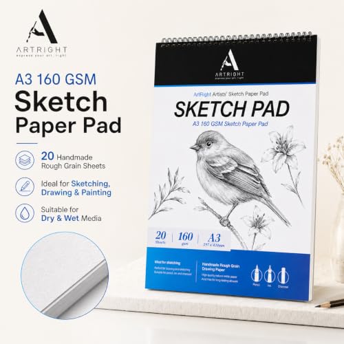 Image of ArtRight Artists' Sketch Paper Pad A3 160 GSM - 20 Sheets of Handmade Rough Grain Drawing Papers, Ideal for Artist, Professional Drawing, Painting Dry & Wet, Fine Art, School, Student